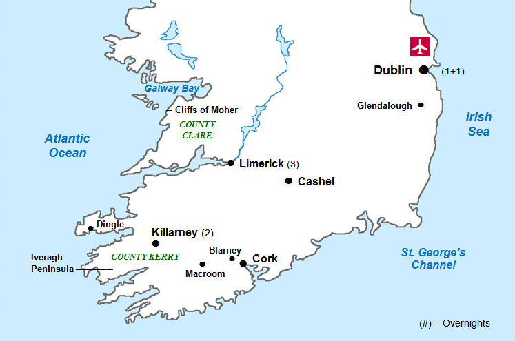 Irish Highlights Tour map